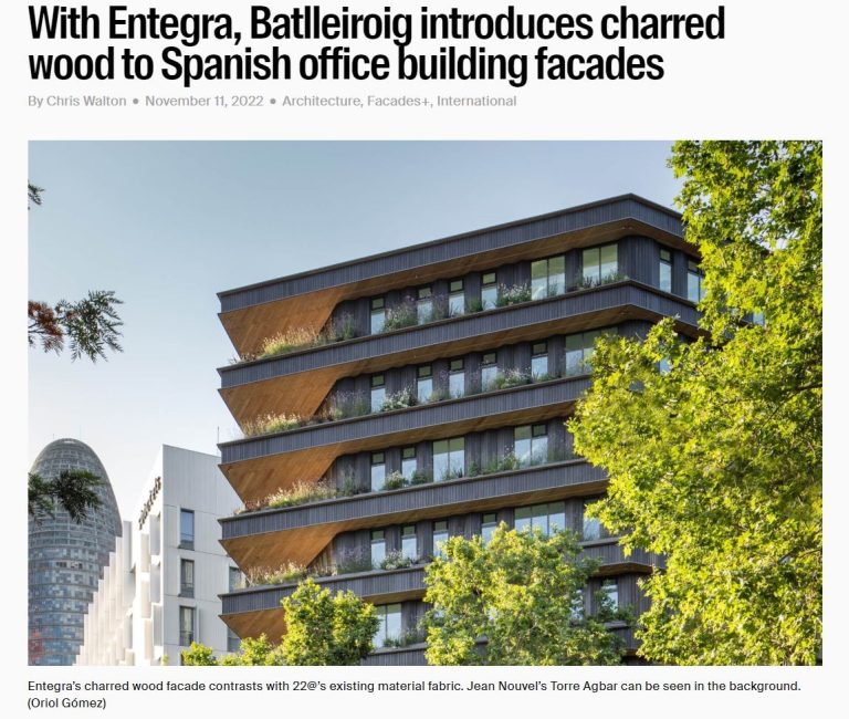 Entegra, primer edifici d’oficines amb façana de fusta carbonitzada a Espanya, nou article publicat per <em>The Architect’s Newspaper</em>