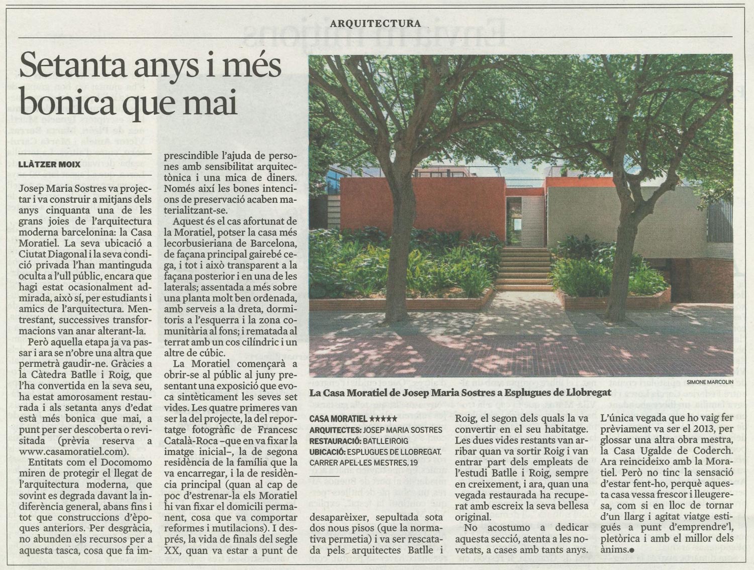 La Casa Moratiel, destacada per Llàtzer Moix a ‘La Vanguardia’